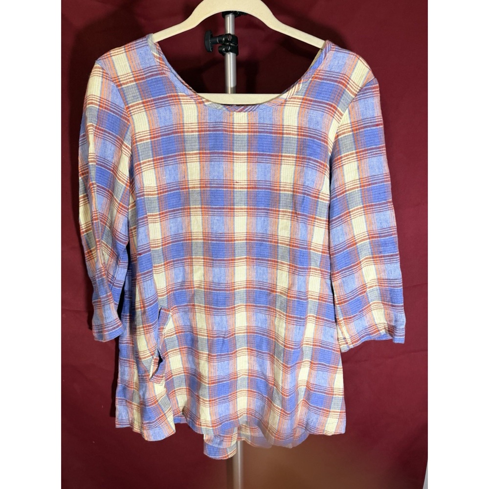 Flax Tunic Top Womens S Blue Orange Plaid 3/4 Sleeve 100% Linen (A3237)